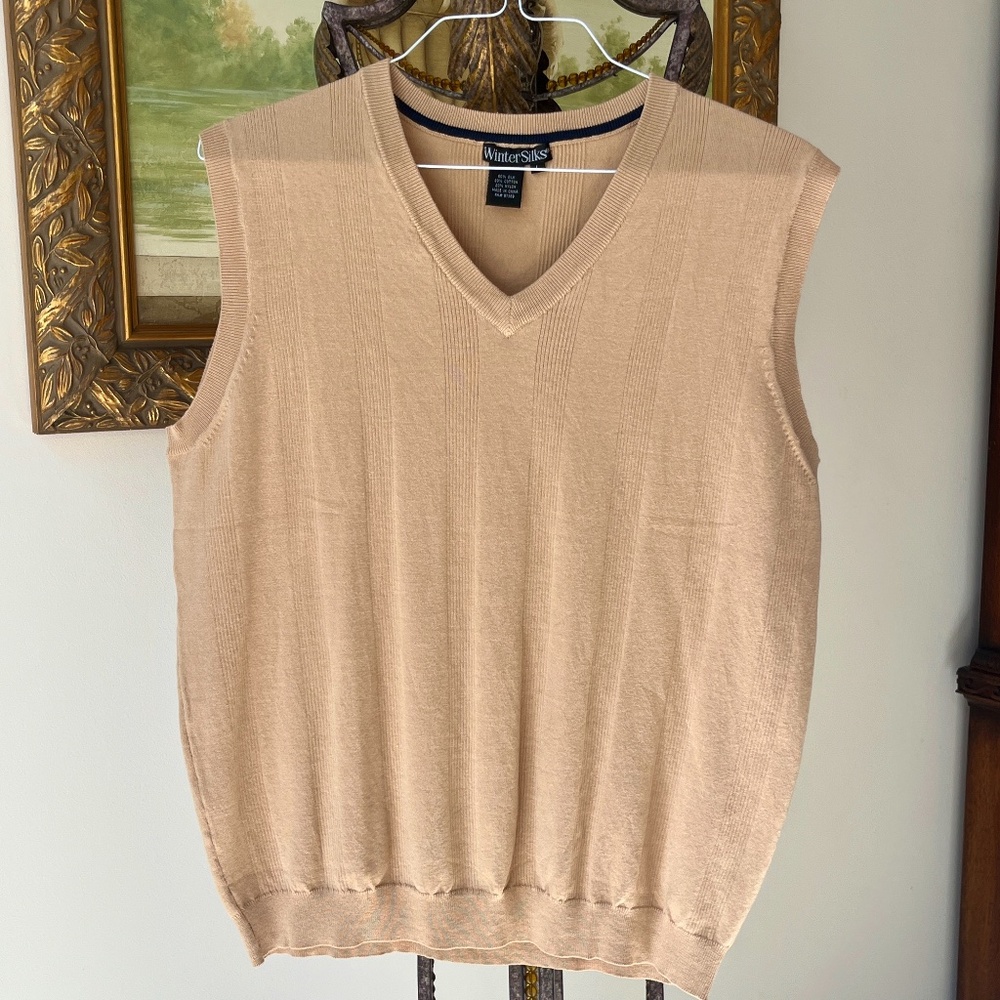 Winter Silks Mens Beige V-Neck Cotton Sweater Vest Size L